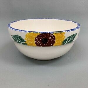 Santa Ana Crock Shop Serving Bowl Sunflower White Yellow Green Blue Trim